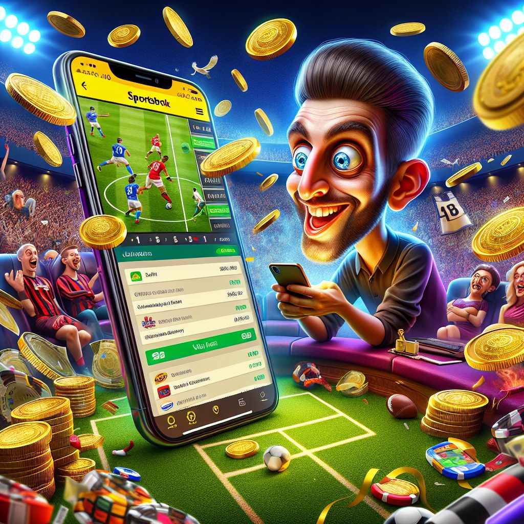 Cartoon betting character with sports icons, coins, and mobile screen