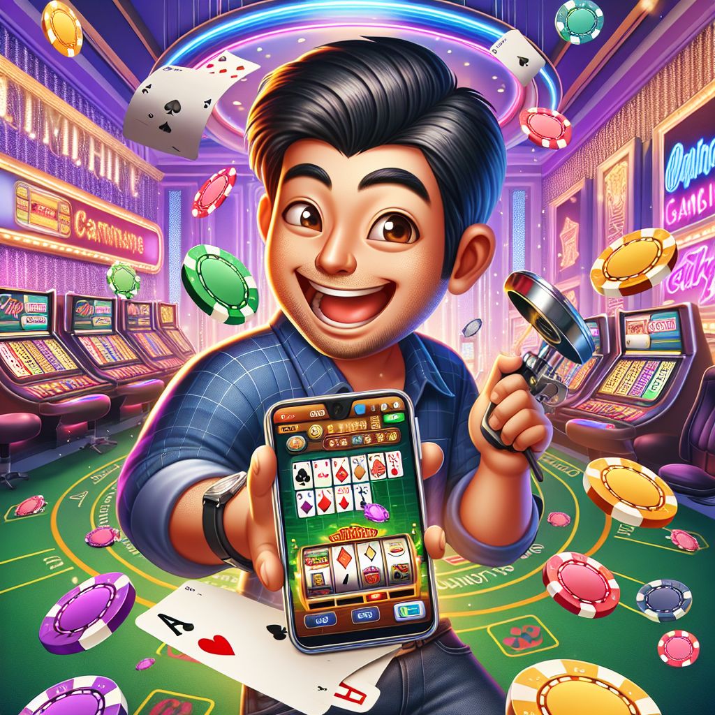 bk66 casino themed cartoon character with chips, cards, and mobile gaming elements