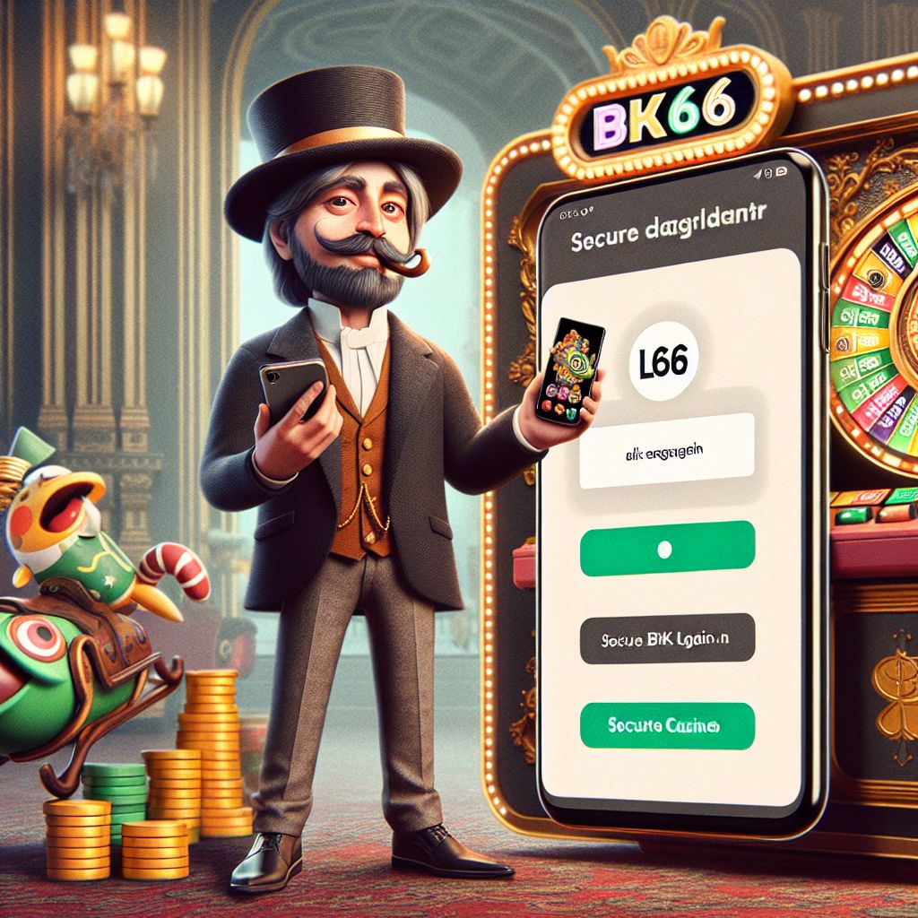 bk66 themed cartoon character using a mobile login screen with coins and gaming elements