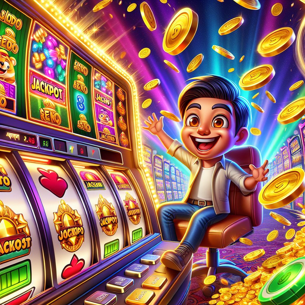 bk66 themed cartoon slot character with coins and reels